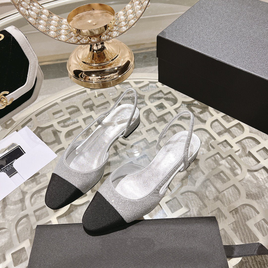 CHANEL slingback 2.5 glitter silver black grosgrain