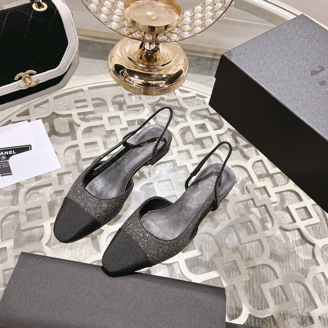 CHANEL slingback 2.5 glietter grey black grosgrain