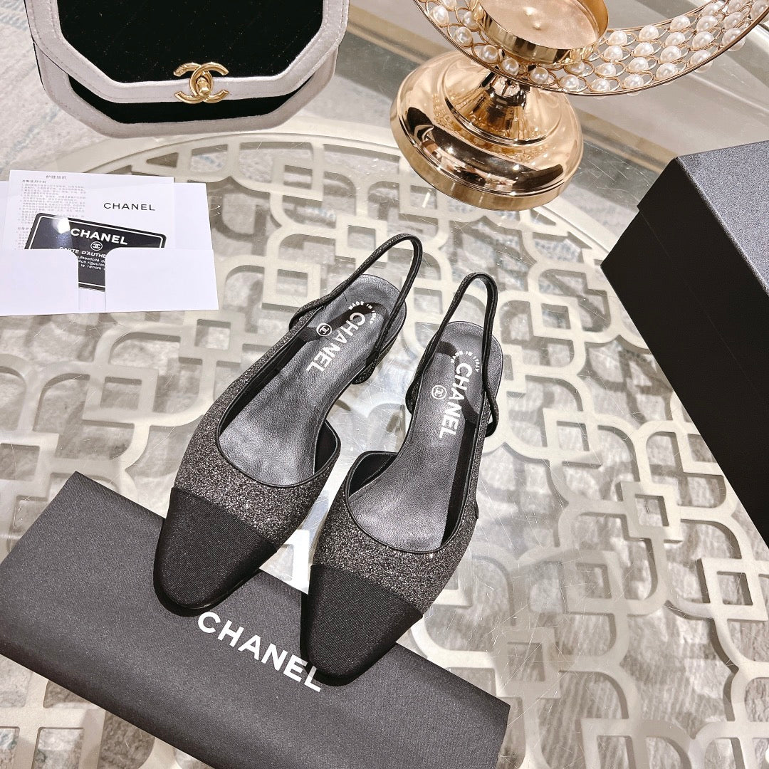 CHANEL slingback 2.5 glietter grey black grosgrain