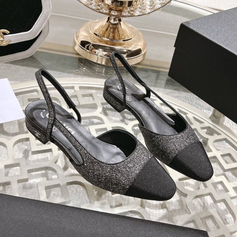 CHANEL slingback 2.5 glietter grey black grosgrain
