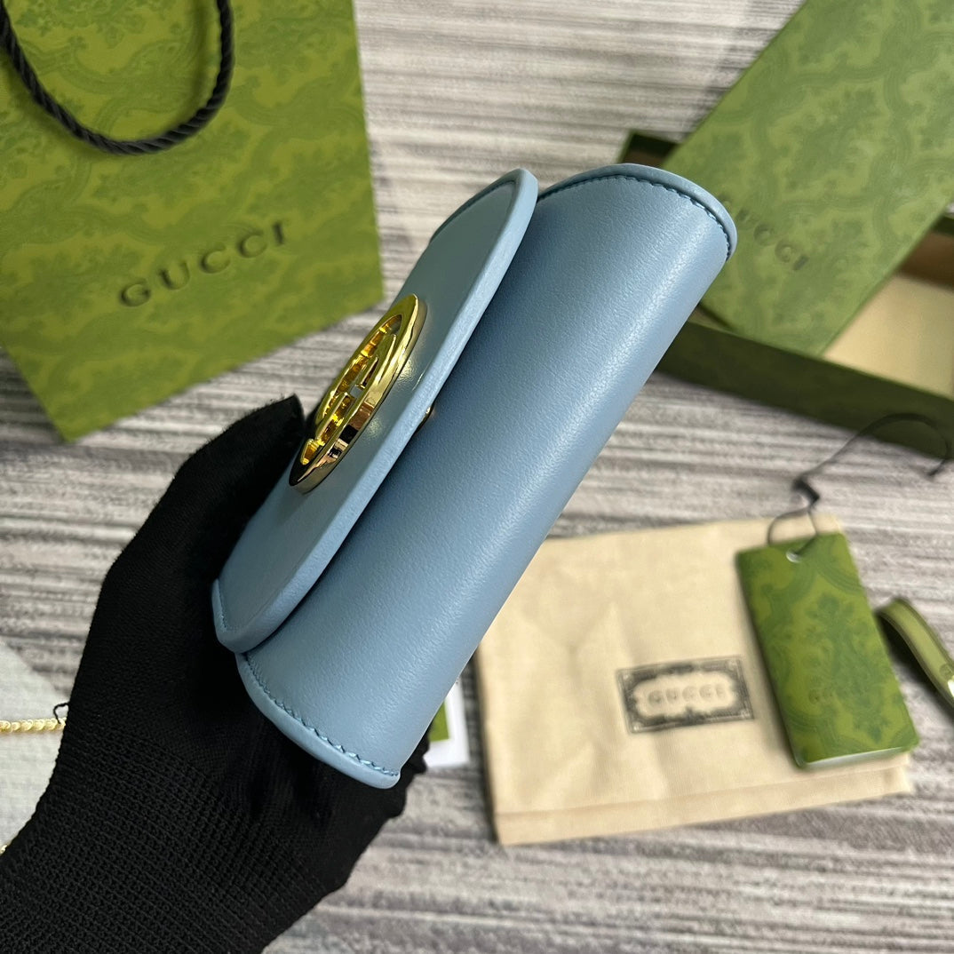 GUCCI BLONDIE INTERLOCK MINI SHOULDER BAG 12 IN SKY BLUE CALFSKIN GOLD CHAIN