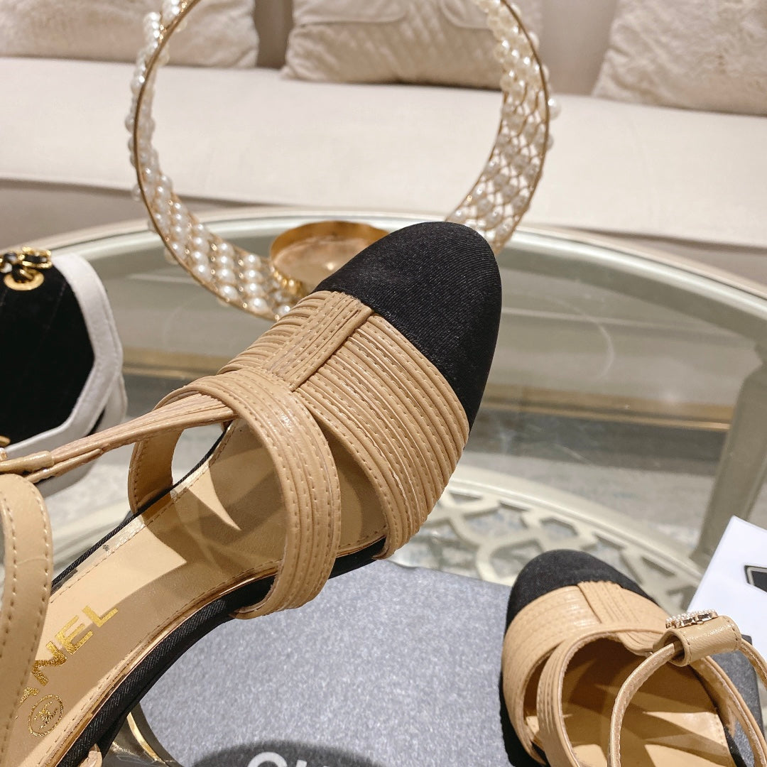 CHANEL Double C  Heeled Sandals Tan Cream Lambskin