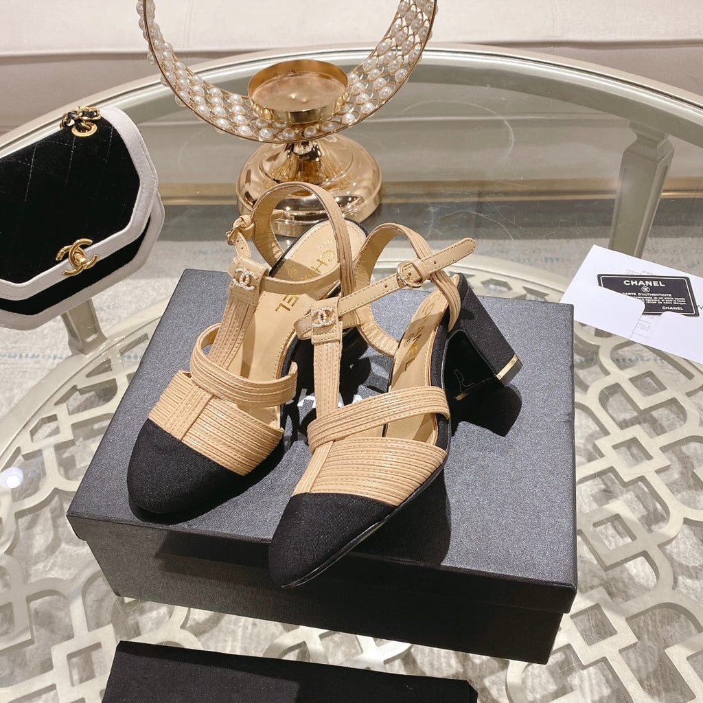 CHANEL Double C  Heeled Sandals Tan Cream Lambskin