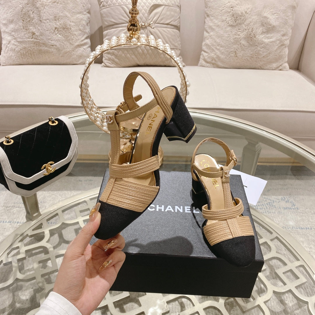CHANEL Double C  Heeled Sandals Tan Cream Lambskin
