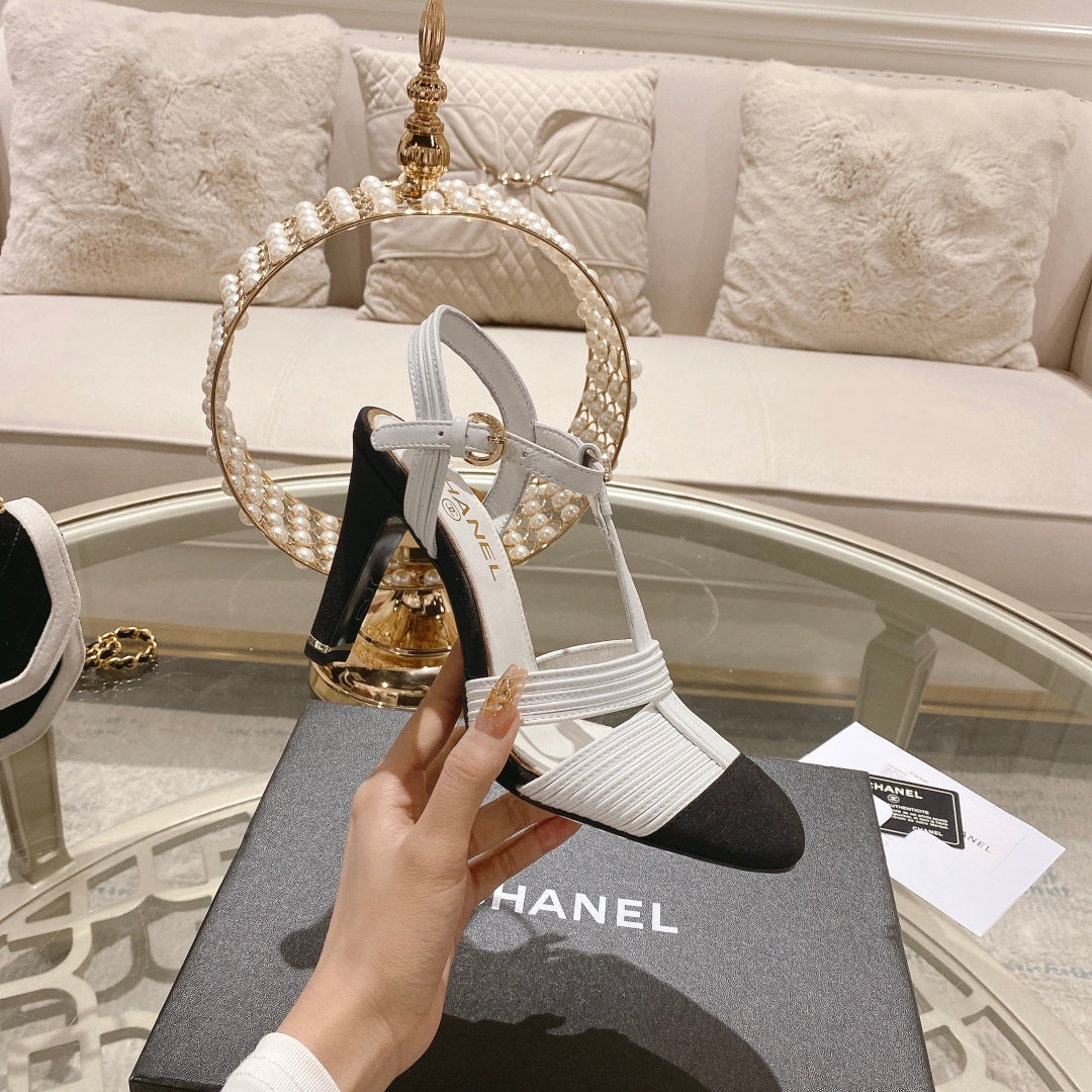CHANEL Double C  Heeled Sandals White Black Lambskin