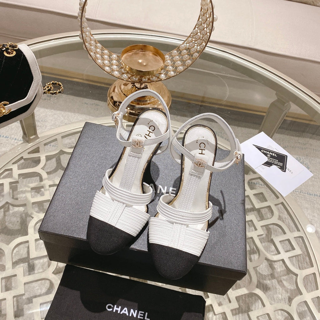 CHANEL Double C  Heeled Sandals White Black Lambskin