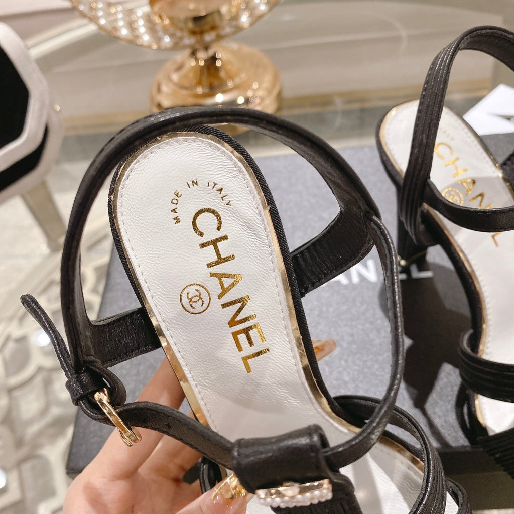 CHANEL Double C  Heeled Sandals Black Lambskin