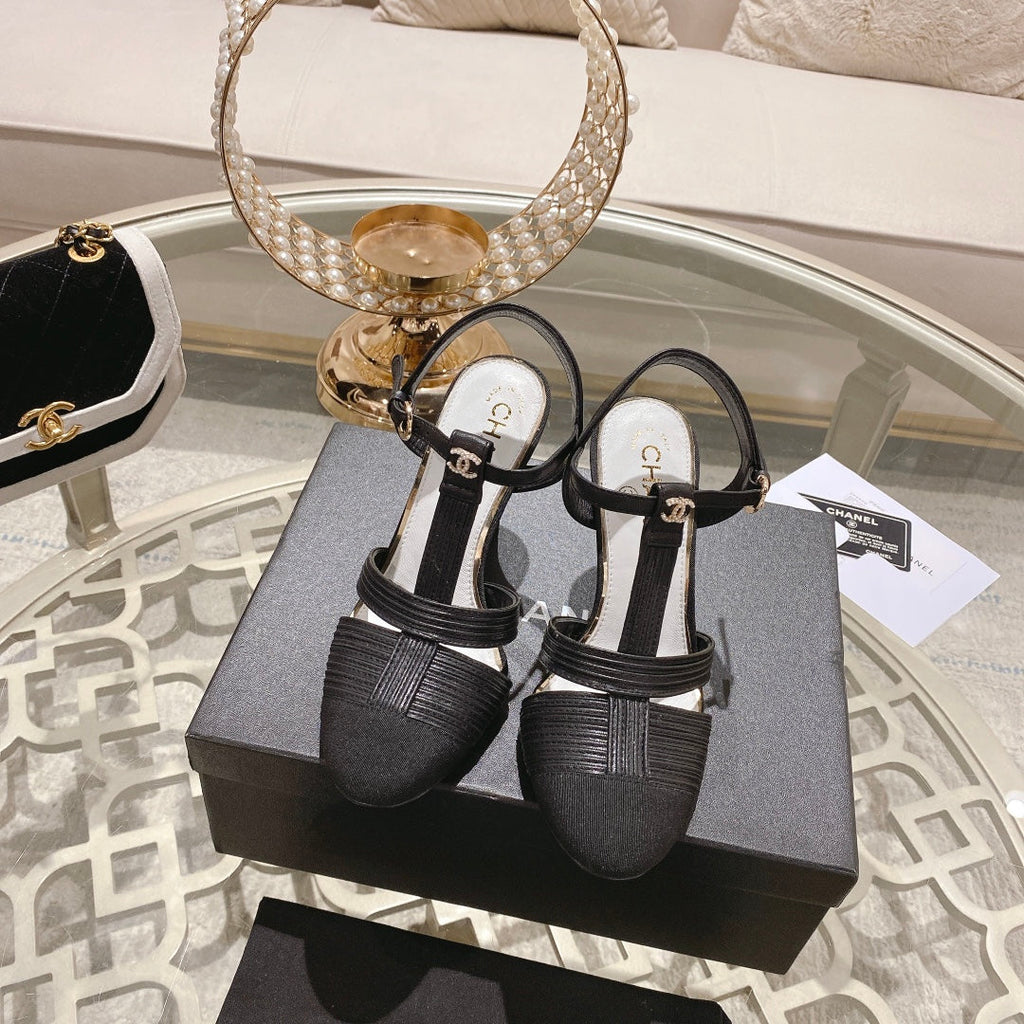 CHANEL Double C  Heeled Sandals Black Lambskin