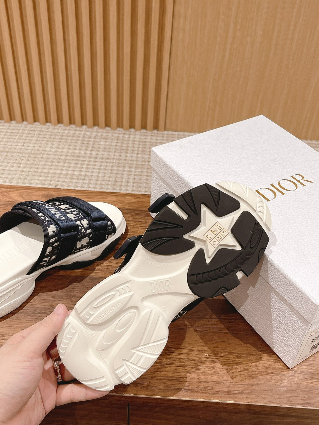 DIOR PLATFORM SLIDES 25S 30 MM IN MIDNIGHT BLUE MIX WHITE FABRIC AND CALFSKIN