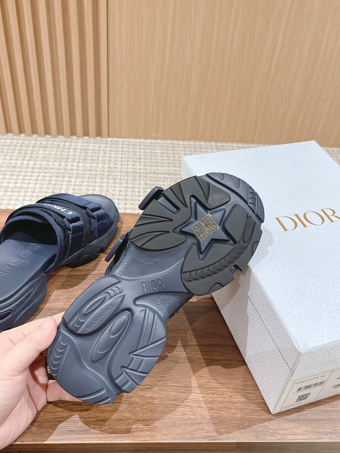 DIOR PLATFORM SLIDES 25S 30 MM IN MIDNIGHT BLUE FABRIC AND CALFSKIN