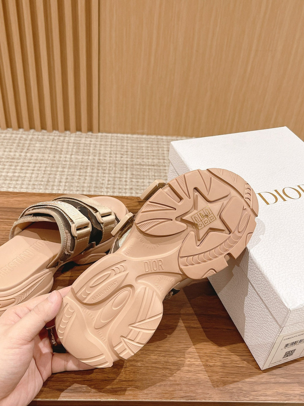 DIOR PLATFORM SLIDES 25S 30 MM IN MOSS GREEN FABRIC AND NUDE CALFSKIN