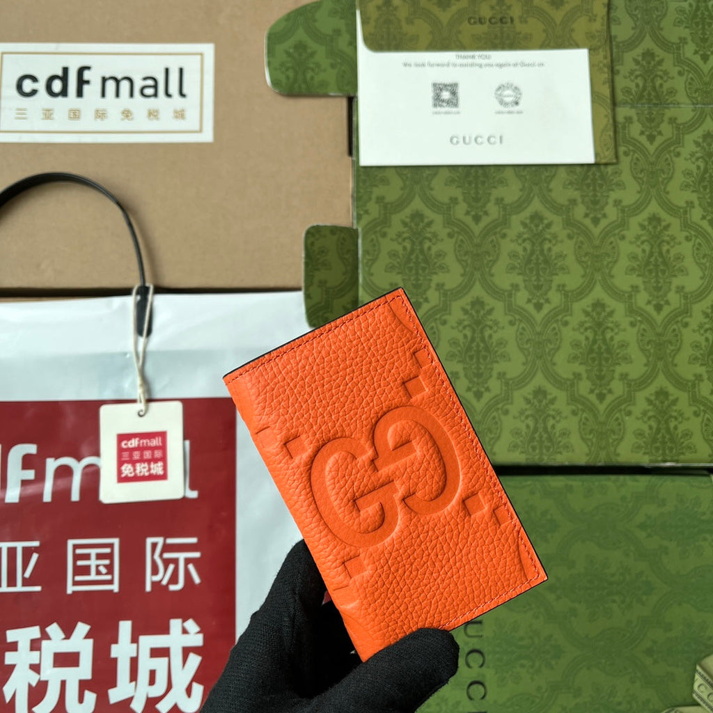GUCCI CARD HOLDER 12 IN ORANGE EMBOSSED CALFSKIN