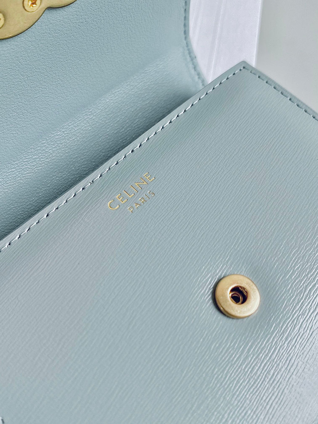 CELINE TRIPHOME 10 TRIFOLD WALLET CALFSKIN BLUE PASTEL