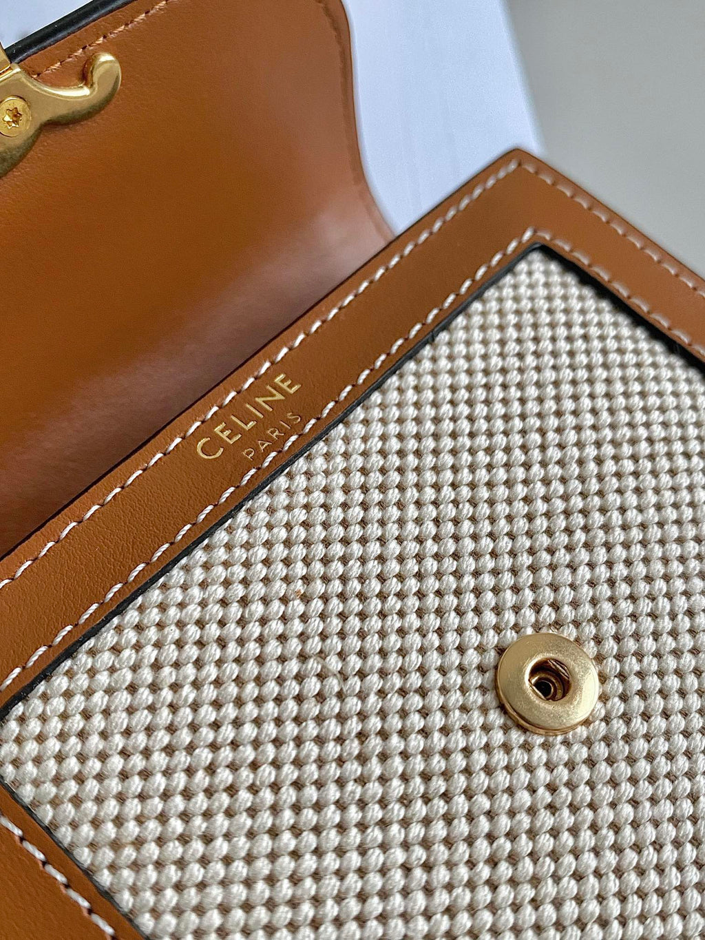 CELINE TRIPHOME 10 TRIFOLD WALLET CALFSKIN AND CANVAS WHITE BROWN