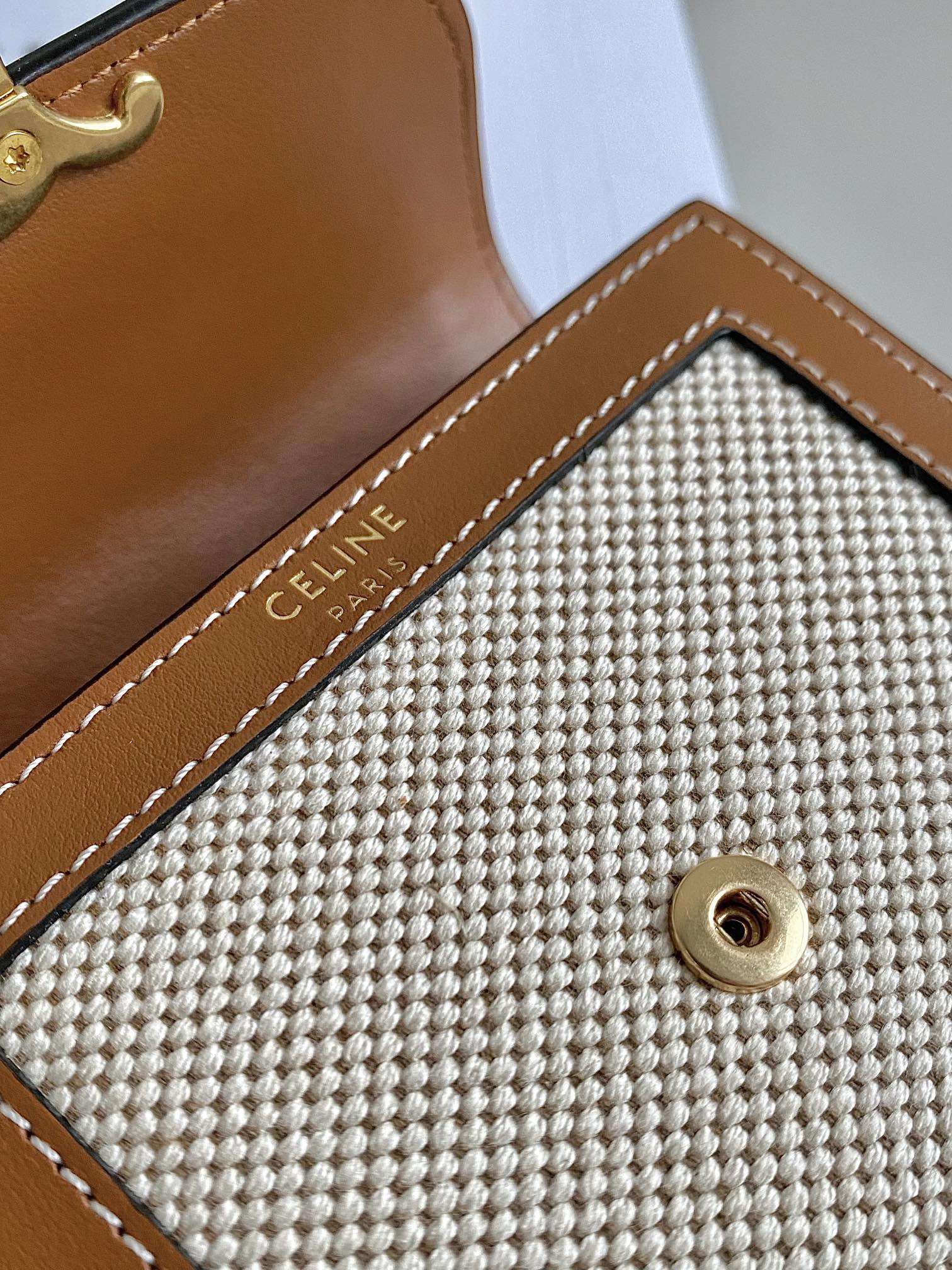 CELINE TRIPHOME 10 TRIFOLD WALLET CALFSKIN AND CANVAS WHITE BROWN