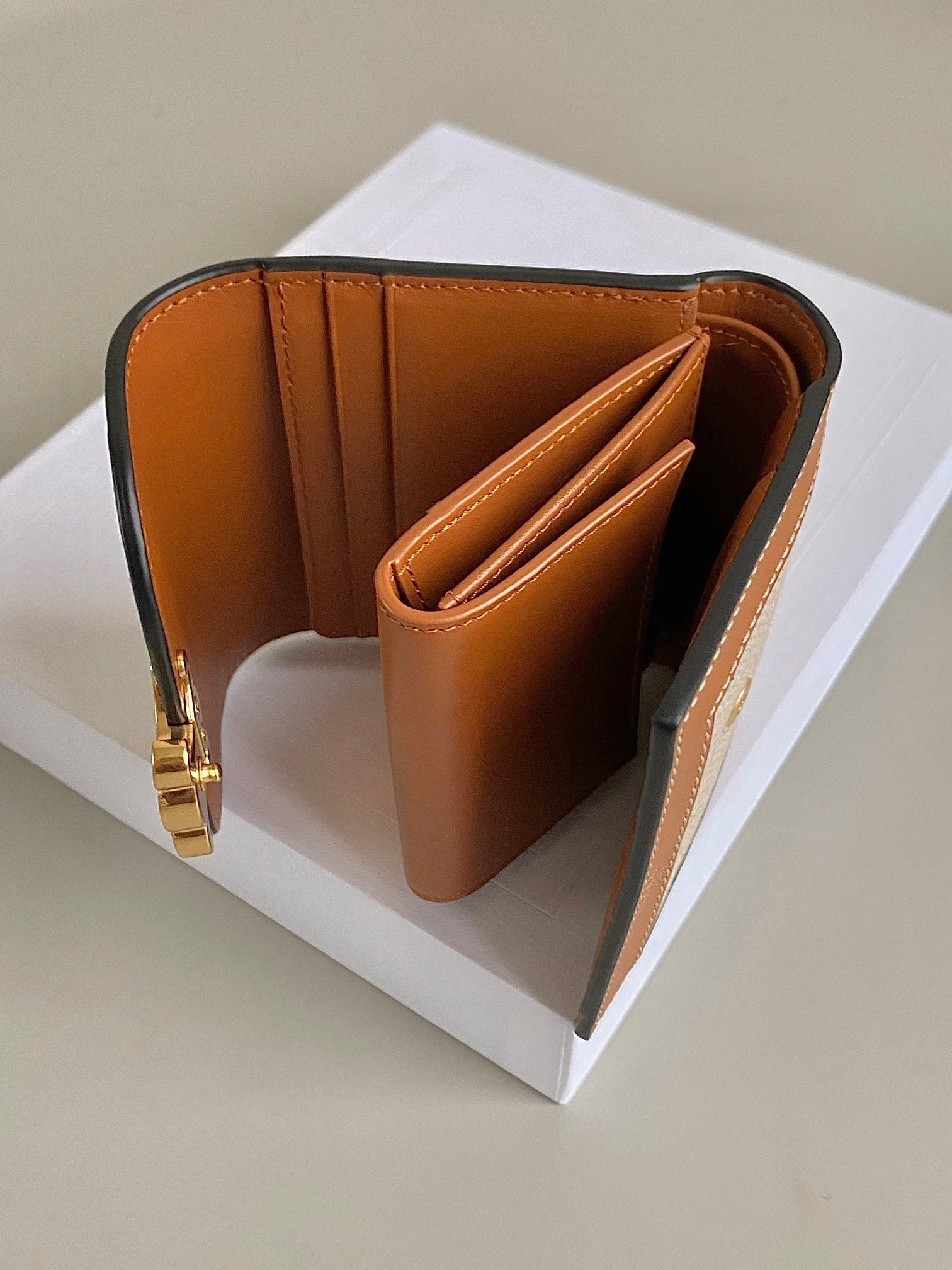 CELINE TRIPHOME 10 TRIFOLD WALLET CALFSKIN AND CANVAS WHITE BROWN