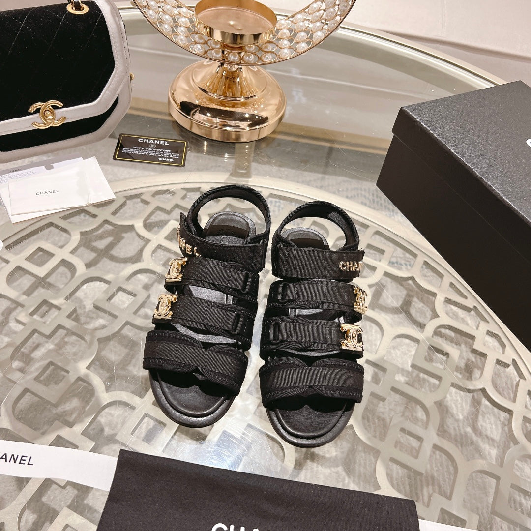 CHANEL Double C  Xiaoxiang Chain Fabric Head Chunky Sandal Black Lambskin