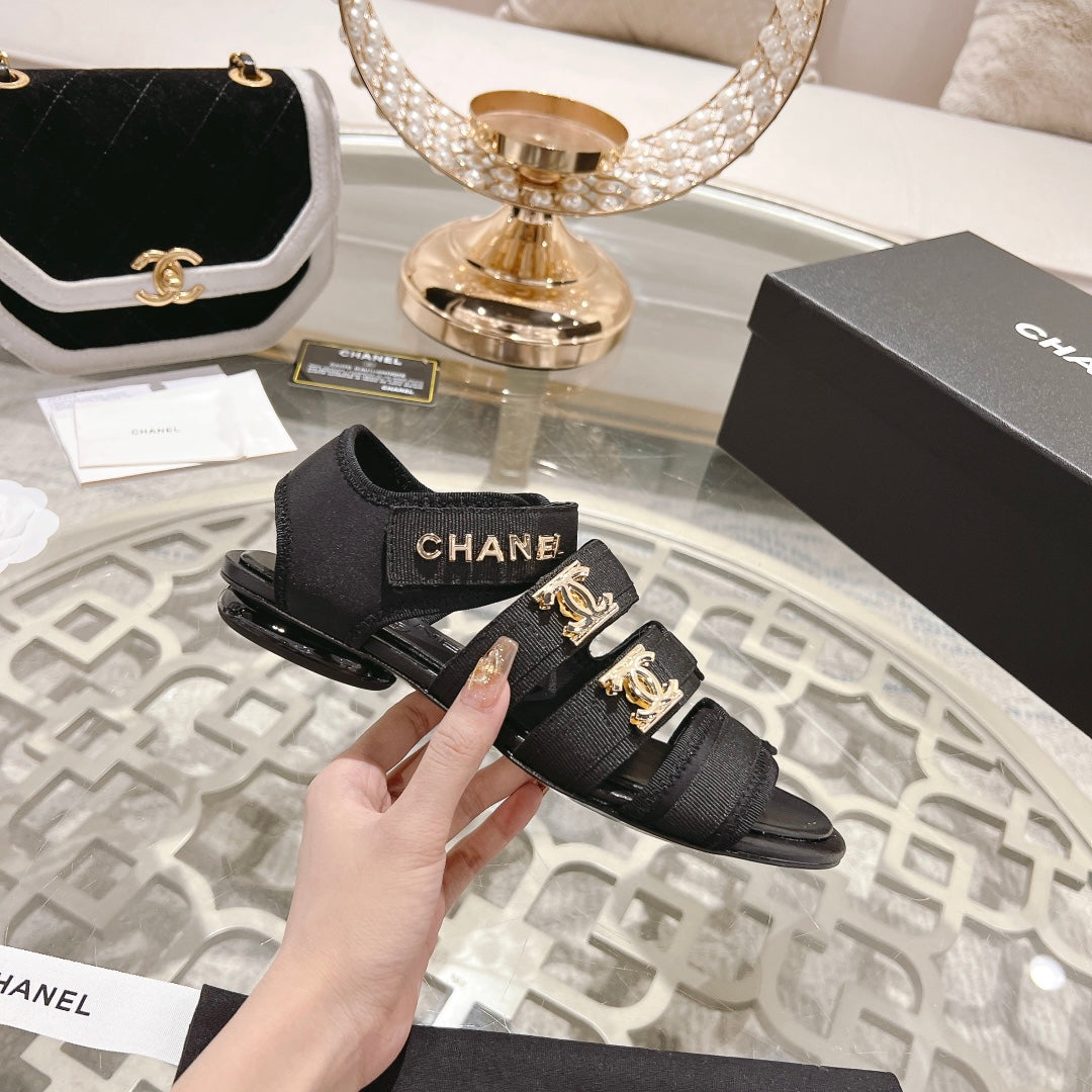 CHANEL Double C  Xiaoxiang Chain Fabric Head Chunky Sandal Black Lambskin