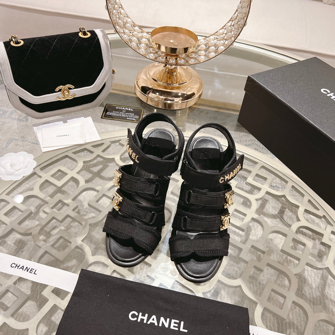 CHANEL Double C  Xiaoxiang Chain Fabric Head Chunky Heel Sandals Black Lambskin