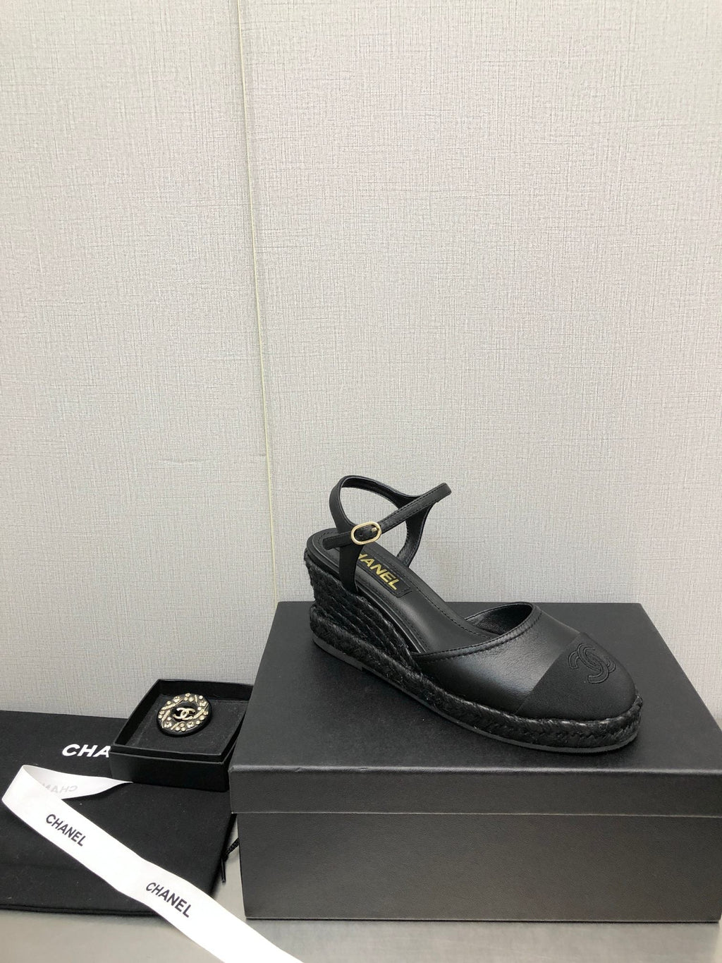CHANEL MARY JANE WEDGE BLACK LAMBSKIN