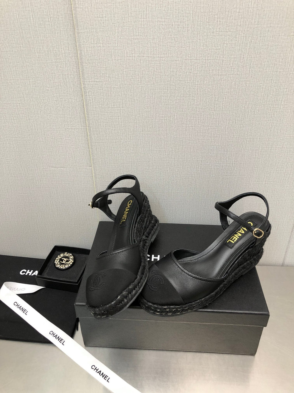 CHANEL MARY JANE WEDGE BLACK LAMBSKIN