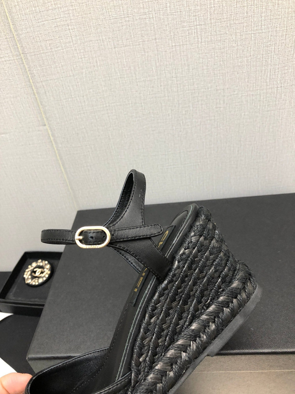 CHANEL MARY JANE WEDGE BLACK LAMBSKIN