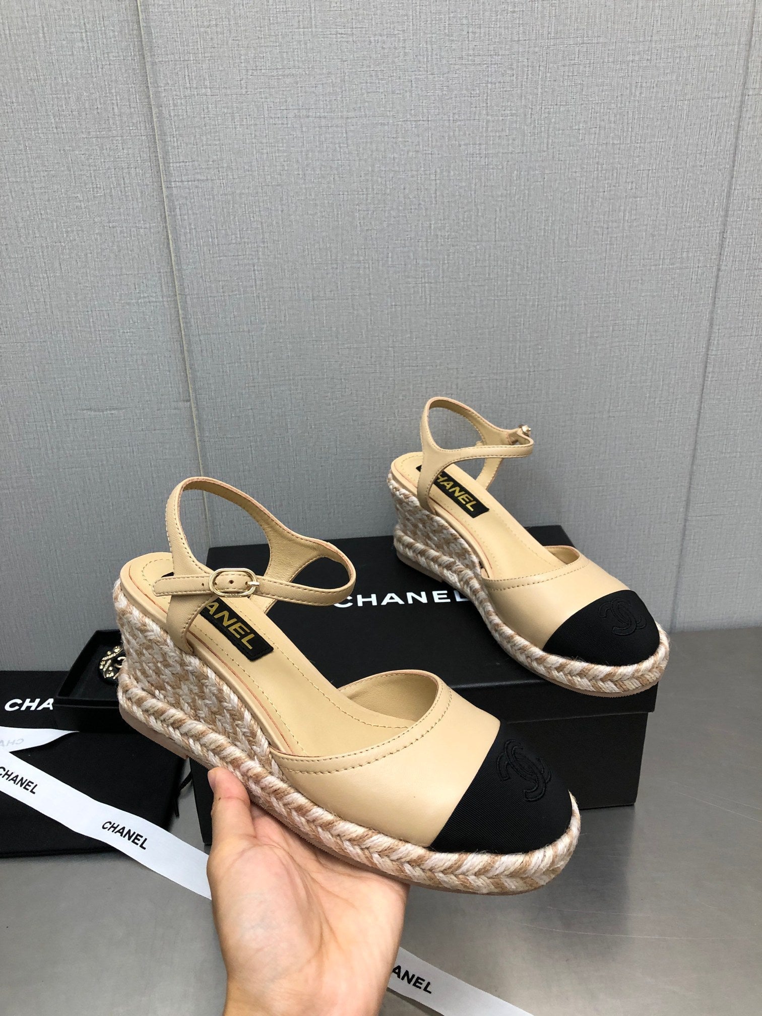CHANEL MARY JANE WEDGE BEIGE CREAM LAMBSKIN