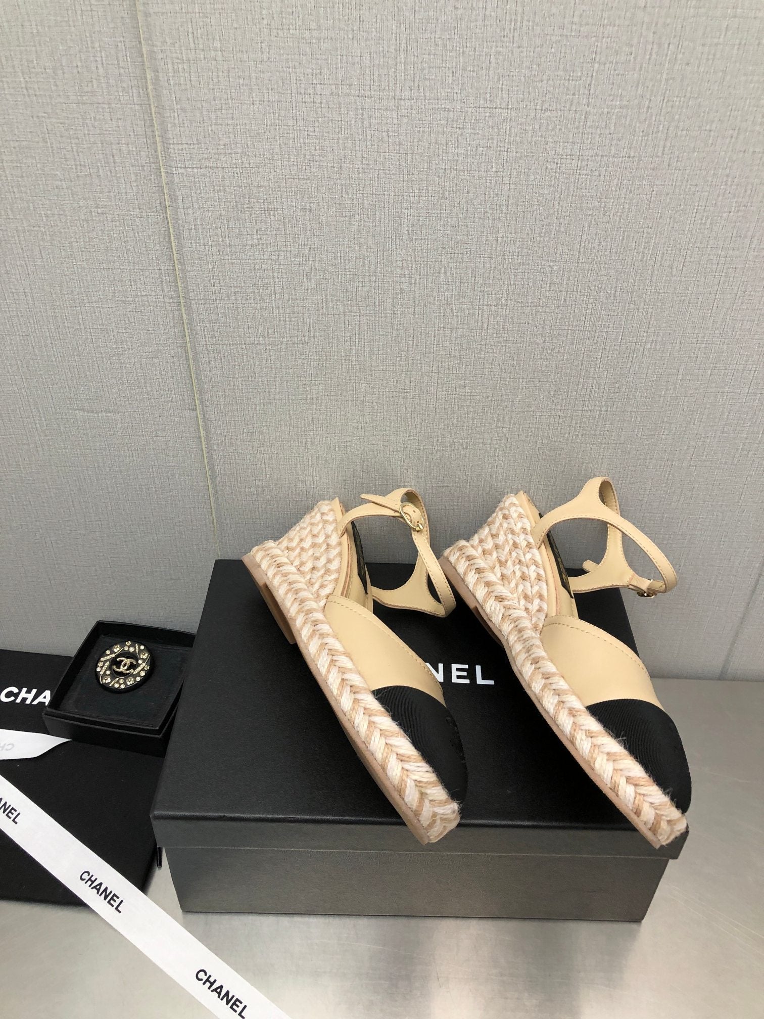 CHANEL MARY JANE WEDGE BEIGE CREAM LAMBSKIN