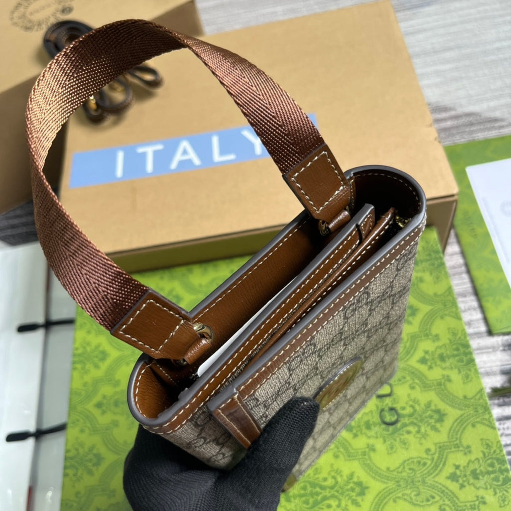 GUCCI CLASP CLUTCH 20 IN BEIGE CANVAS AND BROWN CALFSKIN
