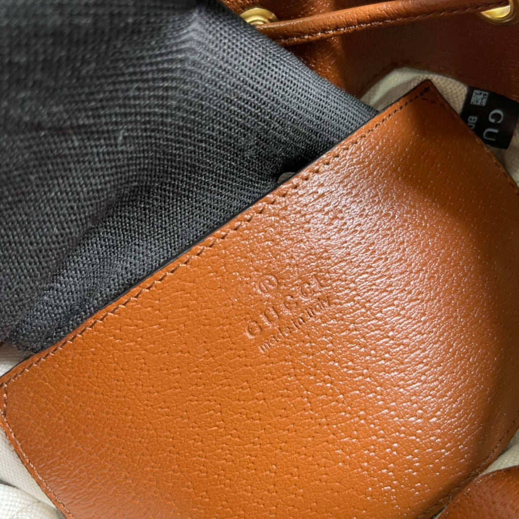 GUCCI OPHIDIA SMALL 26 BUCKET BAG IN BEIGE CANVAS AND BROWN CALFSKIN