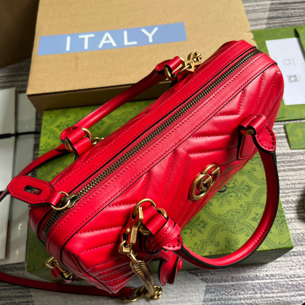 GUCCI MARMONT MATELASSE 27 HANDBAG CHERRY RED CALFSKIN
