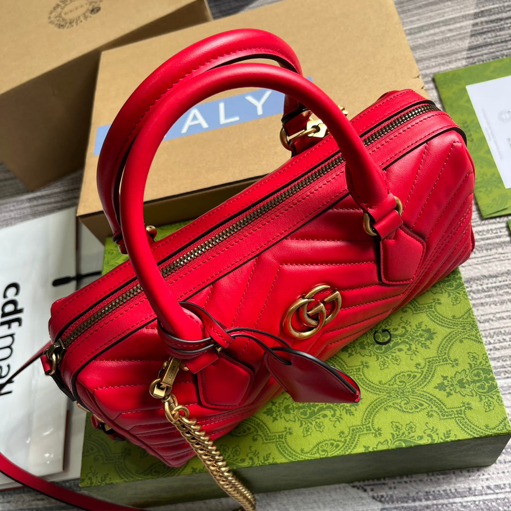 GUCCI MARMONT MATELASSE 27 HANDBAG CHERRY RED CALFSKIN