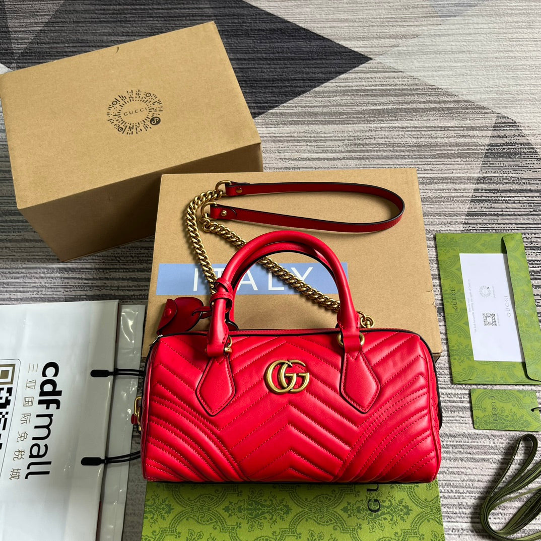 GUCCI MARMONT MATELASSE 27 HANDBAG CHERRY RED CALFSKIN