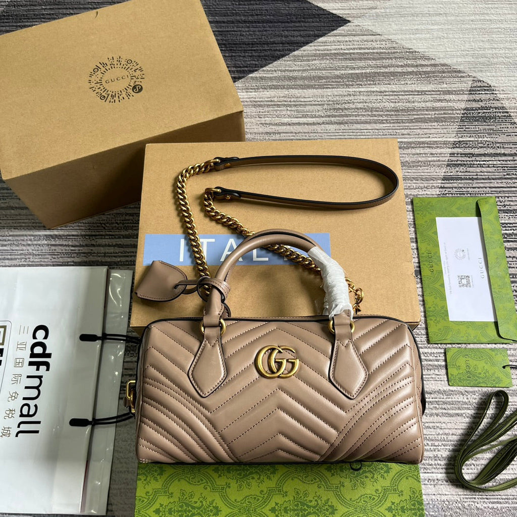 GUCCI MARMONT MATELASSE 27 HANDBAG BEIGE CALFSKIN