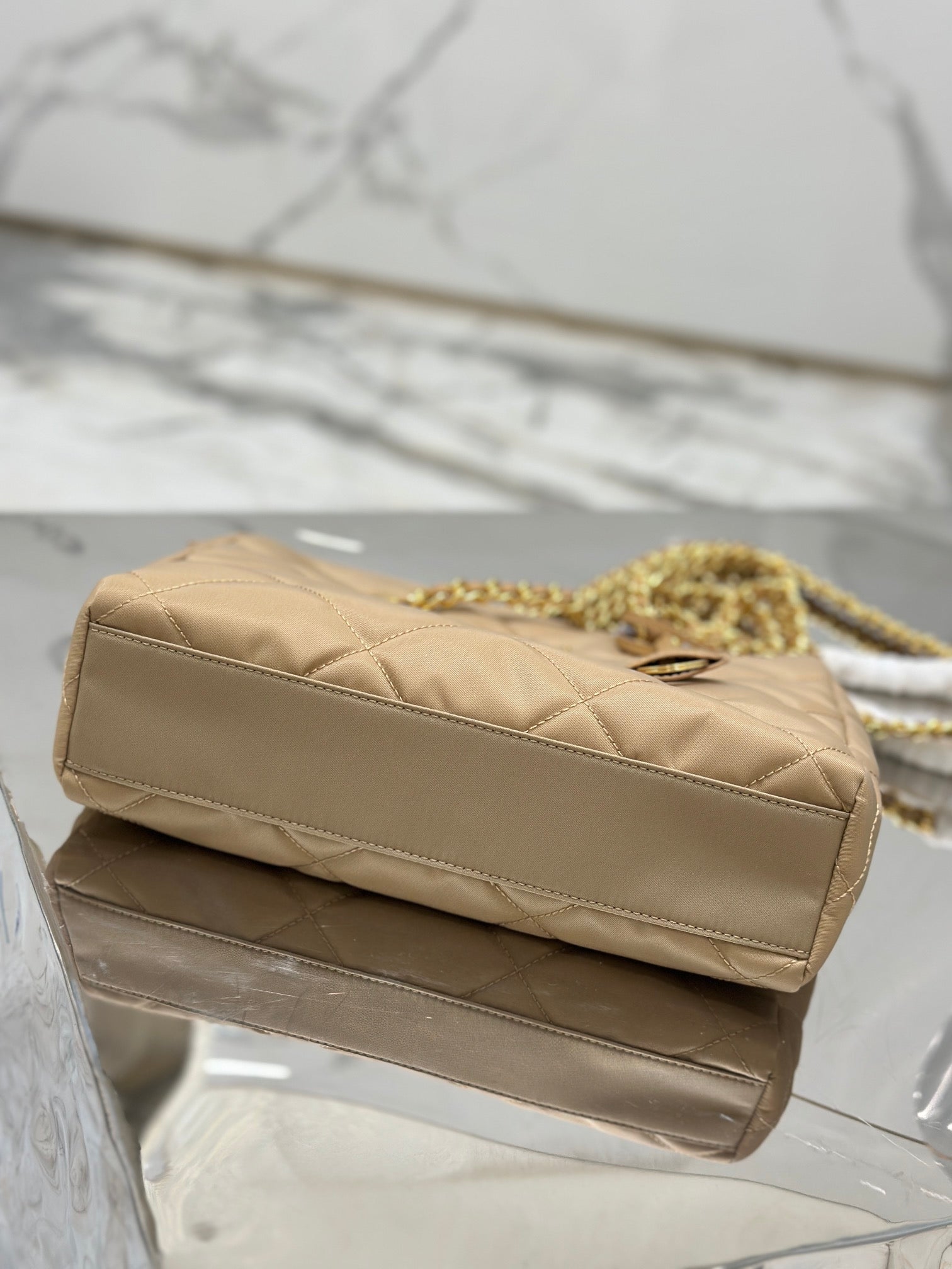 PRADA VINTAGE HOBO BAG 25 IN LIGHT FRENCH BEIGE QUILTED NYLON GOLD HARDWARE