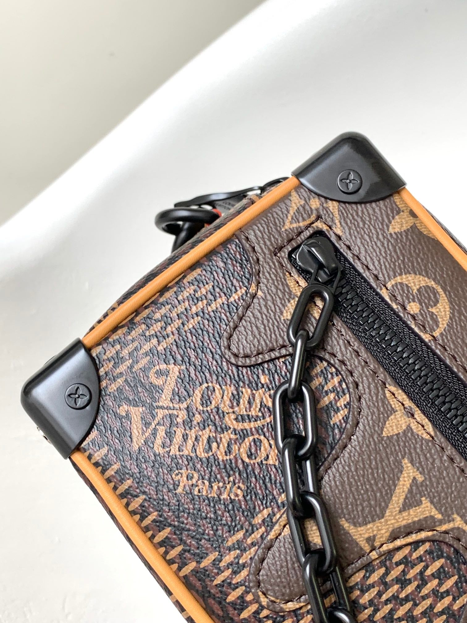 LOUIS VUITTON MINI SOFT TRUNK 18 IN BROWN DAMIER EBENE COATED CANVAS BLACK CHAIN