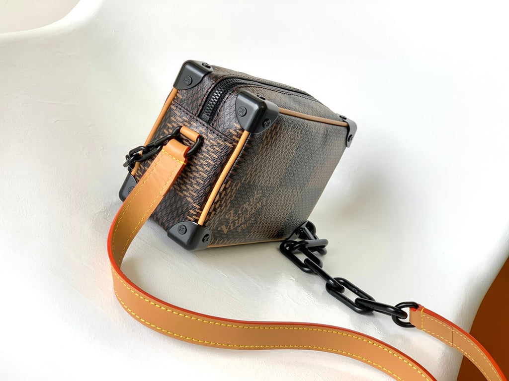 LOUIS VUITTON MINI SOFT TRUNK 18 IN BROWN DAMIER EBENE COATED CANVAS BLACK CHAIN