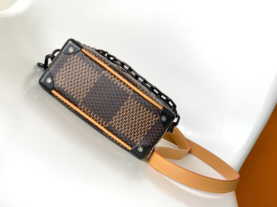 LOUIS VUITTON MINI SOFT TRUNK 18 IN BROWN DAMIER EBENE COATED CANVAS BLACK CHAIN