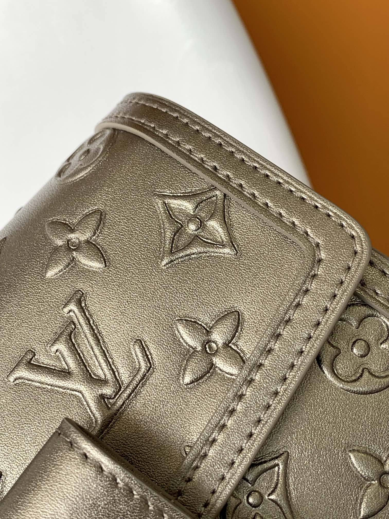 LOUIS VUITTON LV 25S MINI DAUPHINE BAG 20 IN BEIGE GRAY MOONOGRAM CALFSKIN SHIMMERING METALLIC GOLD