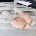 CHANEL high heel 70 mule sandals pink white patent calfskin