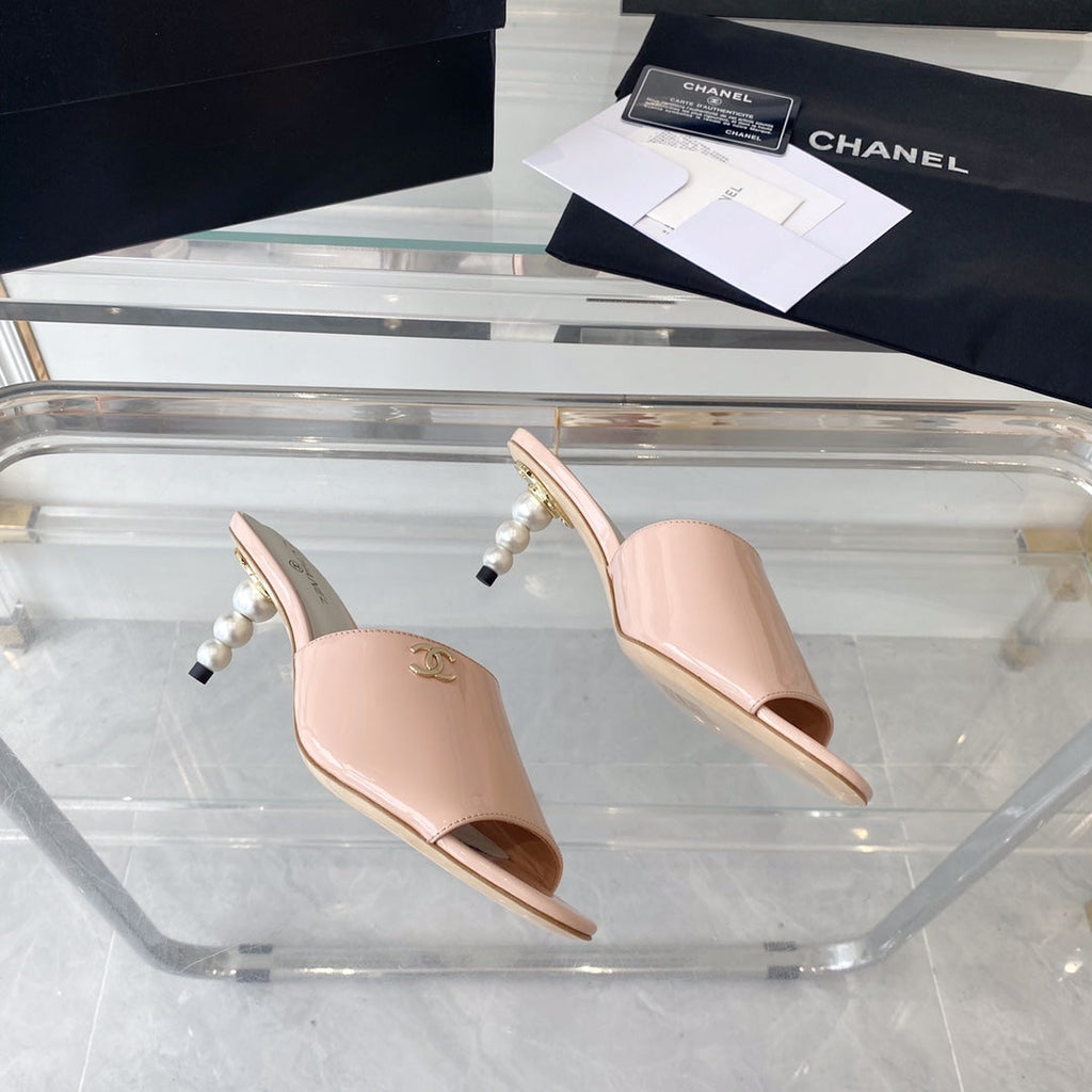 CHANEL high heel 70 mule sandals pink white patent calfskin