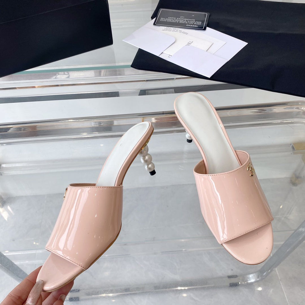 CHANEL high heel 70 mule sandals pink white patent calfskin