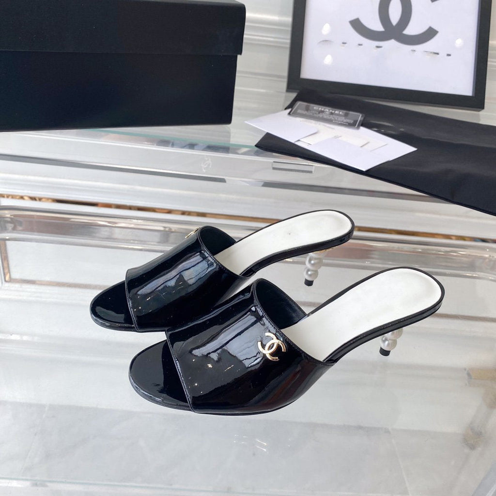 CHANEL high heel 70 mule sandals black white patent calfskin