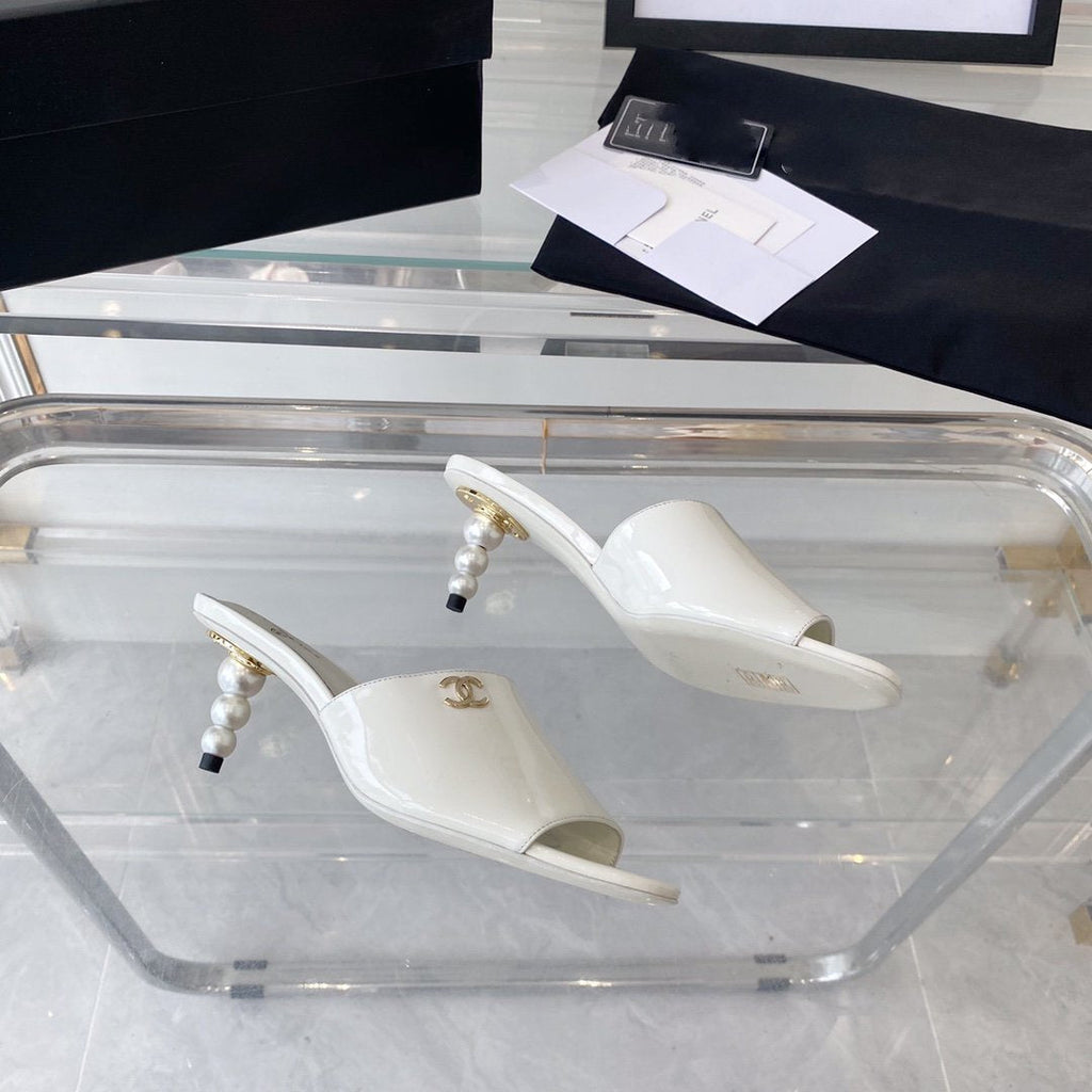 CHANEL high heel 70 mule sandals white patent calfskin