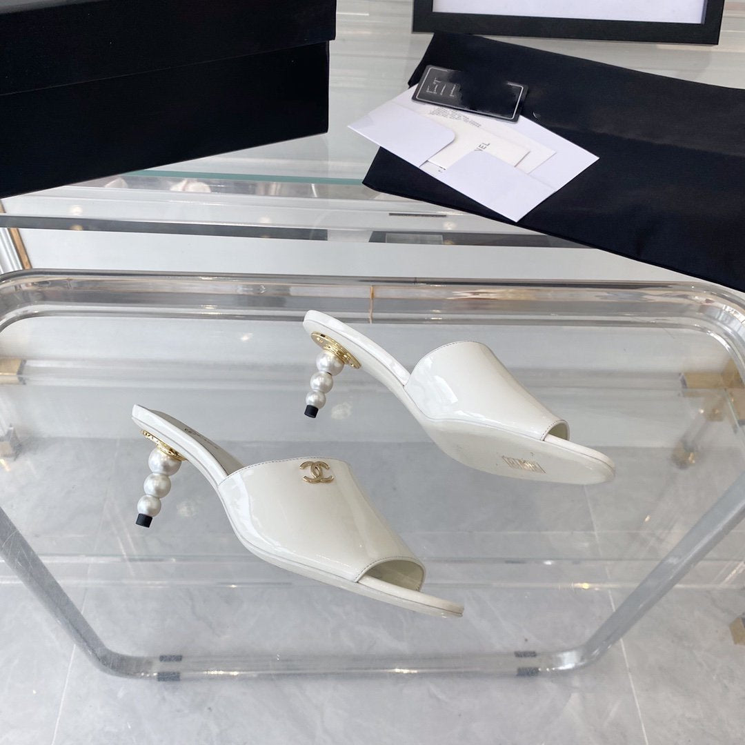 CHANEL high heel 70 mule sandals white patent calfskin