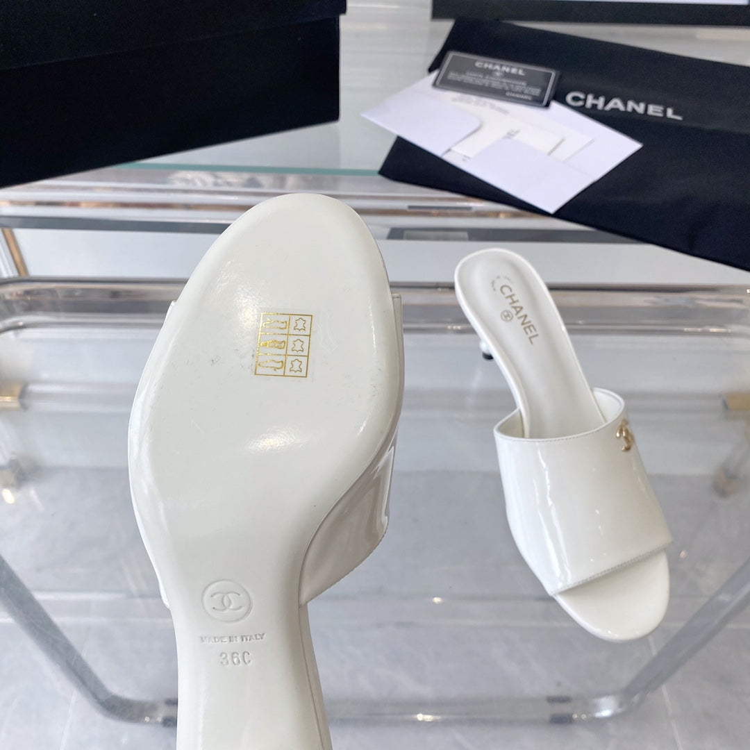 CHANEL high heel 70 mule sandals white patent calfskin