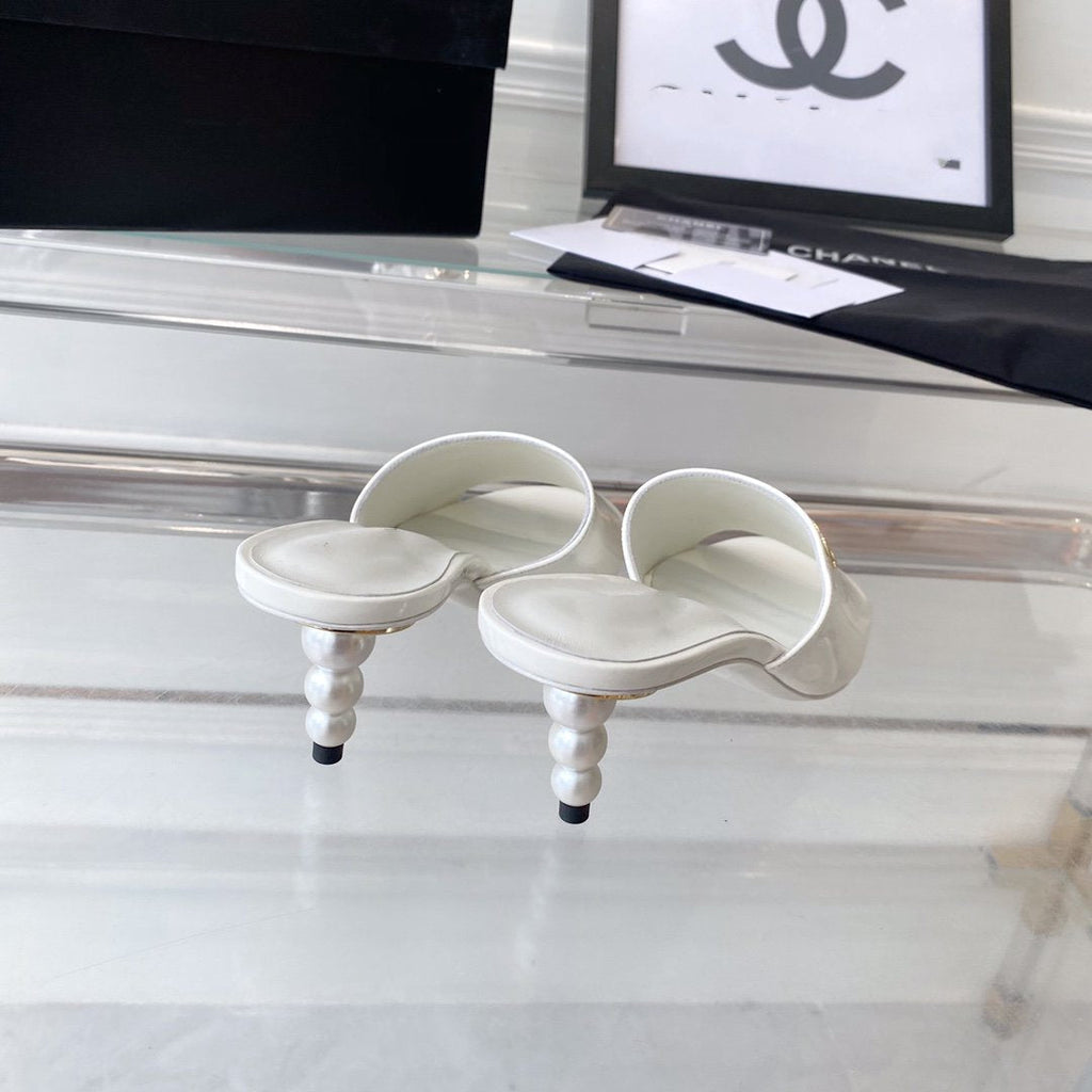 CHANEL high heel 70 mule sandals white patent calfskin
