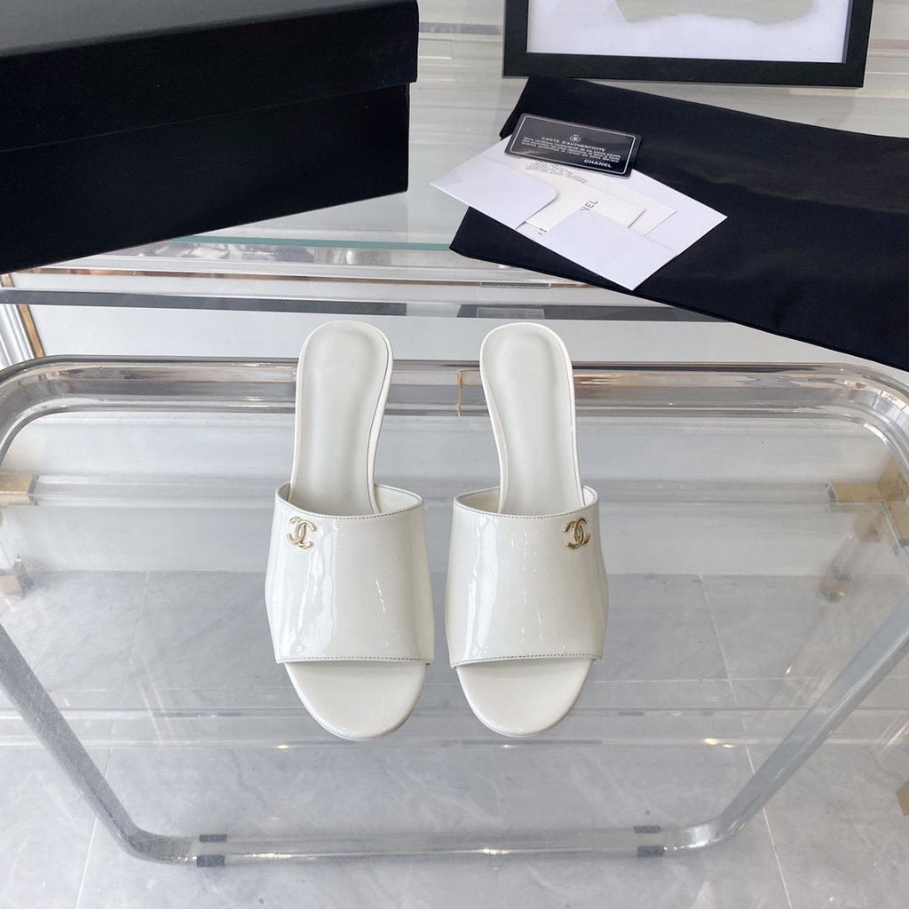 CHANEL high heel 70 mule sandals white patent calfskin