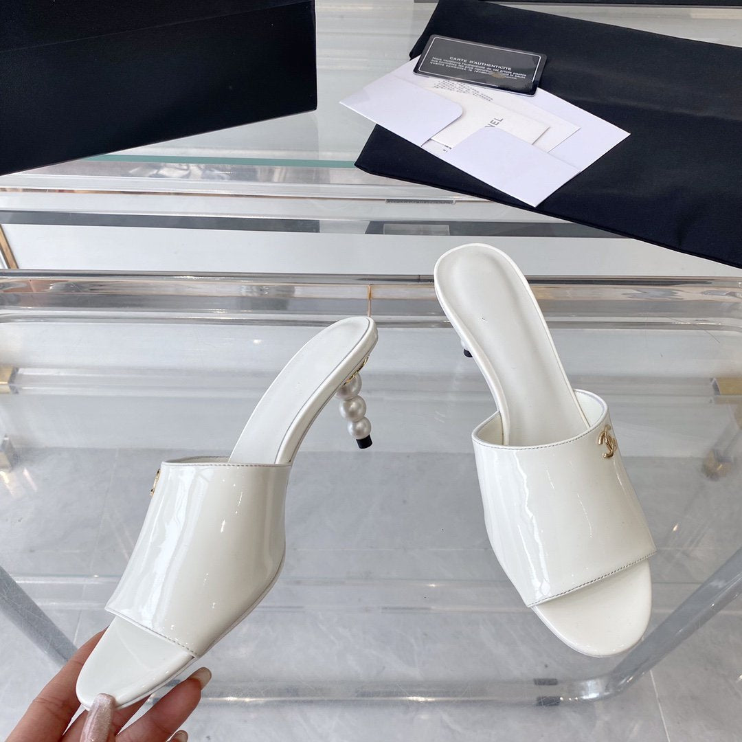 CHANEL high heel 70 mule sandals white patent calfskin