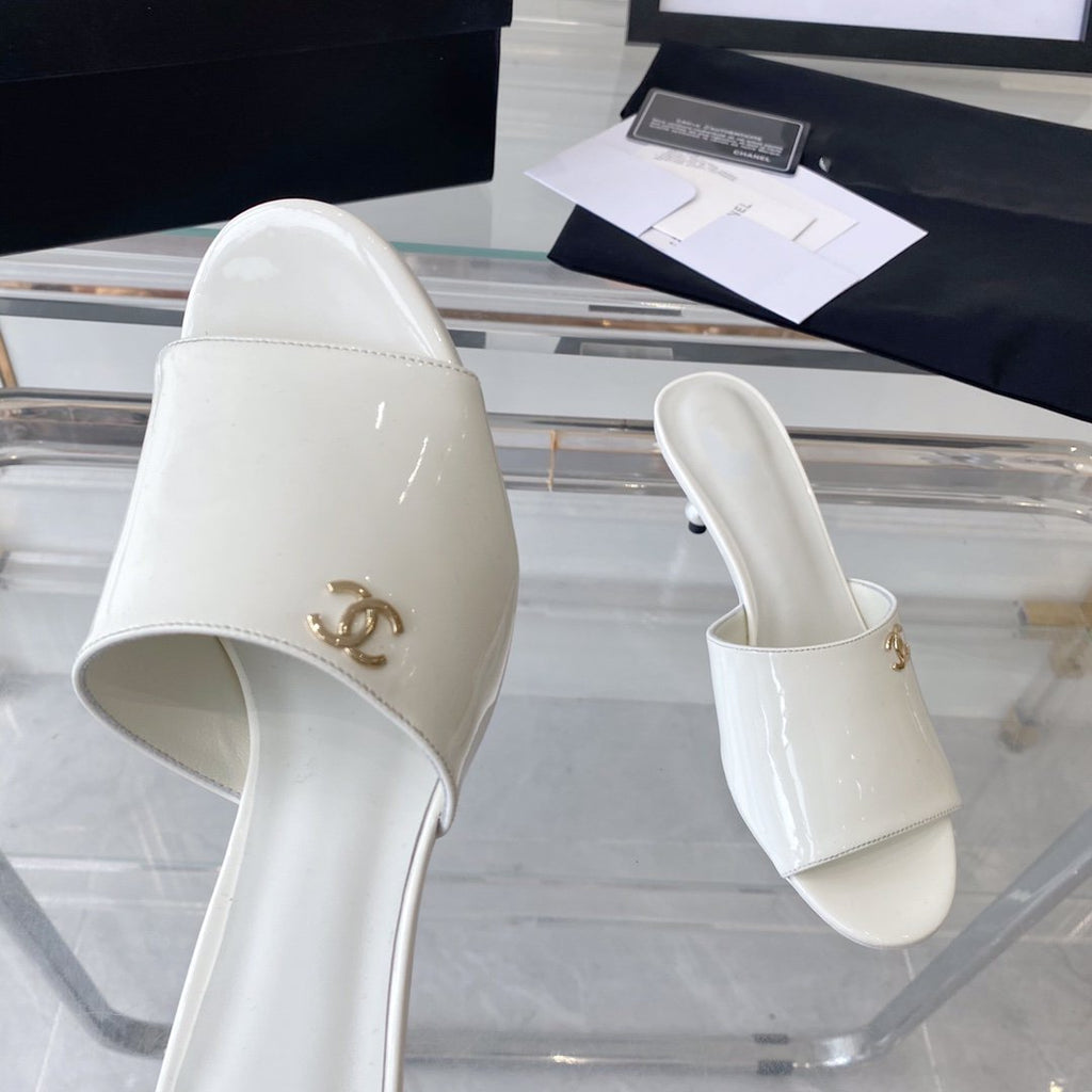 CHANEL high heel 70 mule sandals white patent calfskin